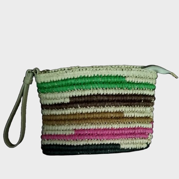 New Women’s Corded Striped Straw Beach Pouch/Wristlet/Wallet Multi-Color Stripes - Picture 3 of 13